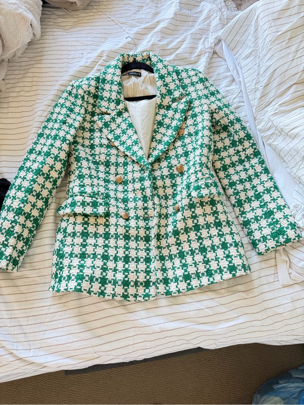 Zara Green and White Houndstooth Tweed Blazer M Never used